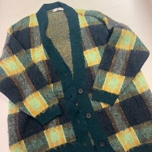 MANGO Plaid Cardigan Sweater Button Front Oversized Cozy Emerald Green Yellow